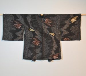 Vintage Black Silk Haori Jacket with Lacquered Threads
