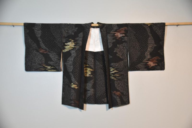 Vintage Black Silk Haori Jacket with Lacquered Threads - Image 3