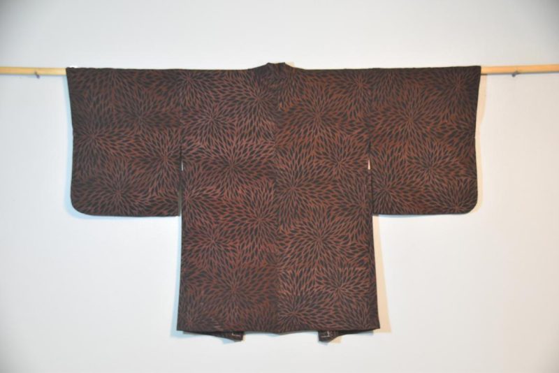 Vintage Black Silk Haori Jacket with Red Lacquered Threads