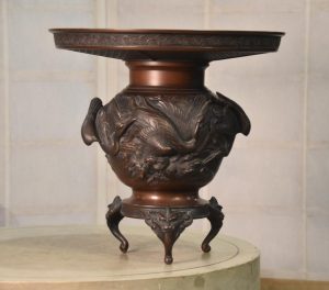 Bronze Flying Cranes Usubata Vase:Width 350mm.