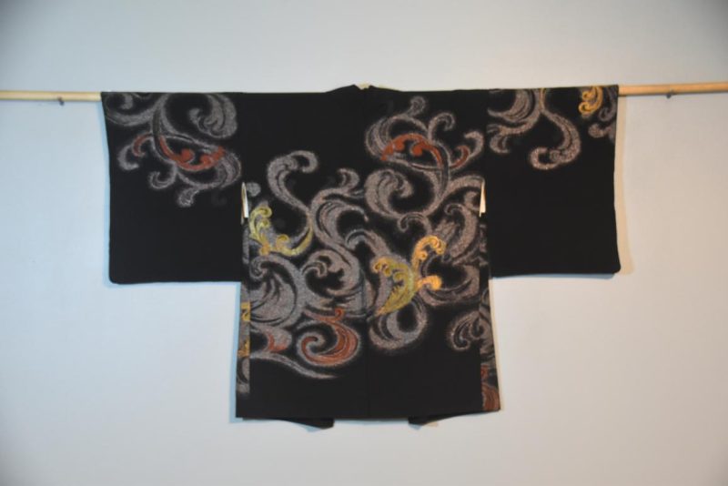 Vintage Black Silk Haori Jacket with Lacquered Threads