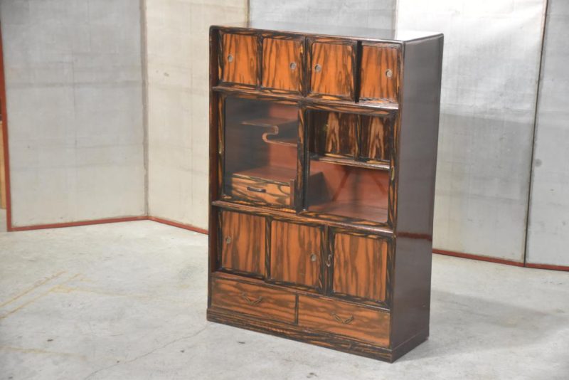 Vintage Persimmon Veneer Chadansu Tea Utensil Chest Width:720mm - Image 11