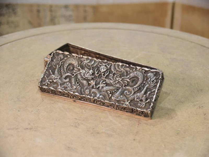 Chinese Silvered Dragon Bronze Box Width:200mm