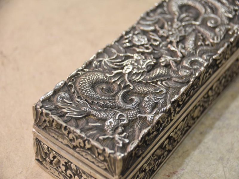 Chinese Silvered Dragon Bronze Box Width:200mm - Image 3