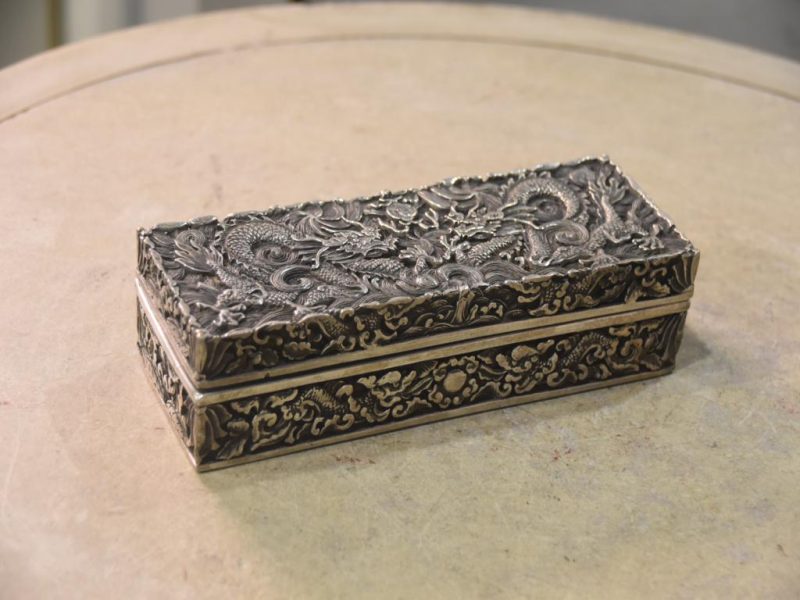 Chinese Silvered Dragon Bronze Box Width:200mm - Image 2