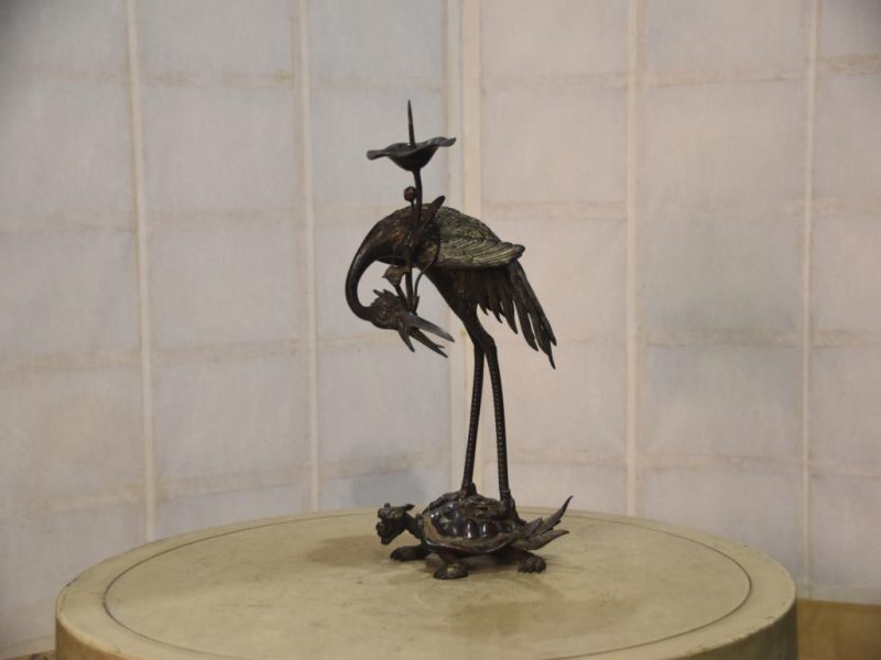 Vintage Japanese Crane and Turtle Shrine Candle Stand