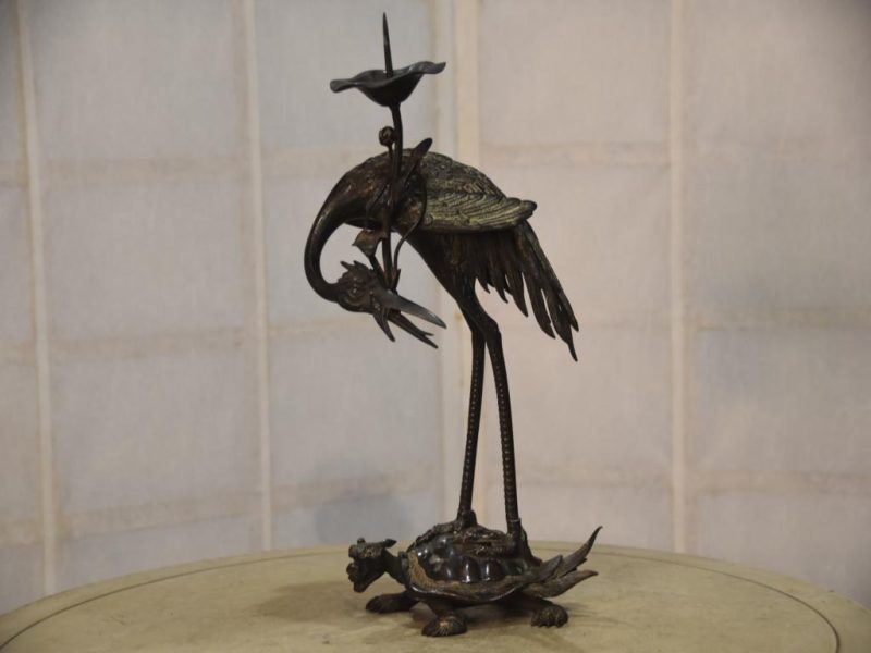 Vintage Japanese Crane and Turtle Shrine Candle Stand - Image 4