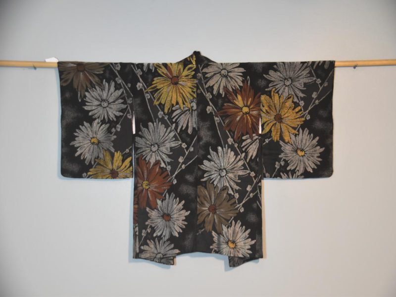 Vintage Black Silk Haori Jacket with Lacquered Threads