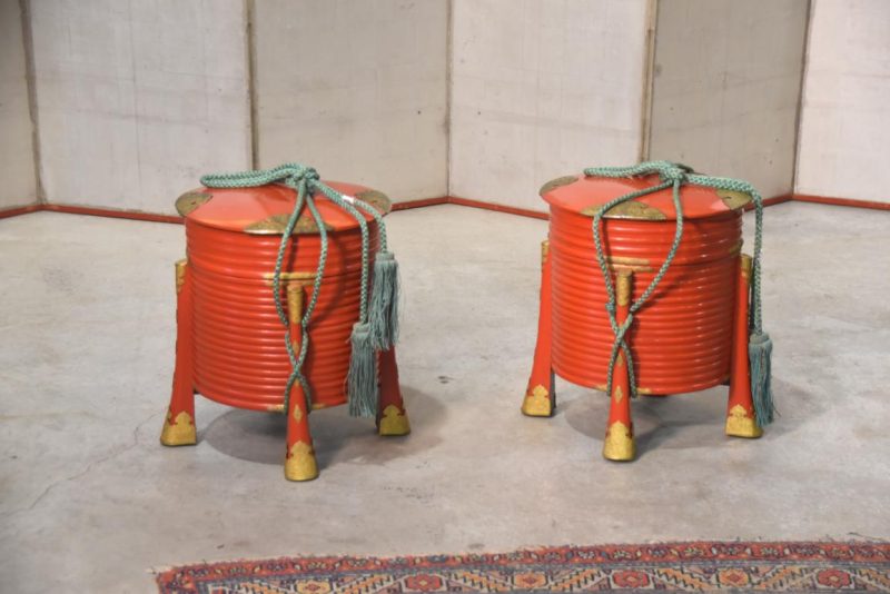 A Rare Pair of Japanese Red Lacquered Hokkai with Gilded Copper Hardware Height:510mm