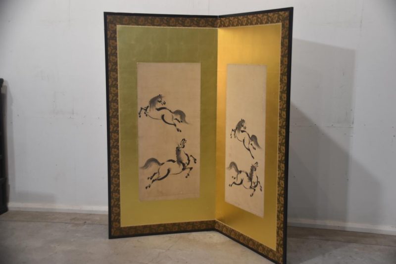 Japanese 2 Panel Ink Brush on Gold of Horses Width:1750mm - Image 6