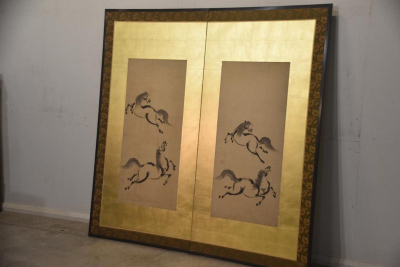 Japanese 2 Panel Ink Brush on Gold of Horses Width:1750mm - Image 3
