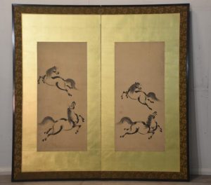 Japanese 2 Panel Ink Brush on Gold of Horses Width:1750mm