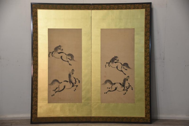 Japanese 2 Panel Ink Brush on Gold of Horses Width:1750mm