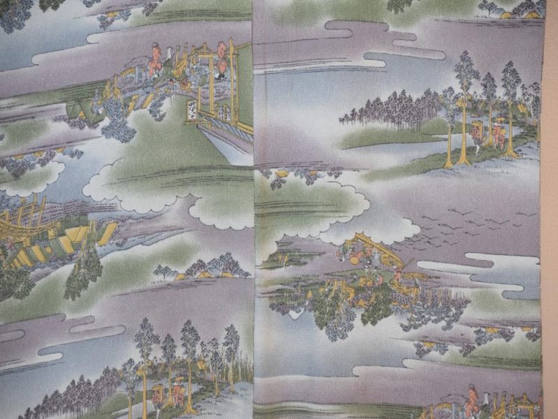 Purple and Green Landscape Design Japanese Silk Kimono - Image 2