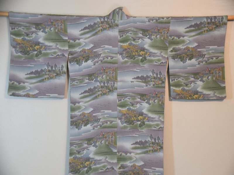 Purple and Green Landscape Design Japanese Silk Kimono - Image 7