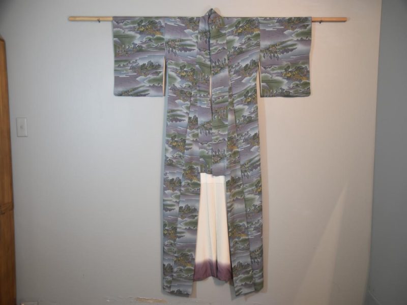 Purple and Green Landscape Design Japanese Silk Kimono - Image 5
