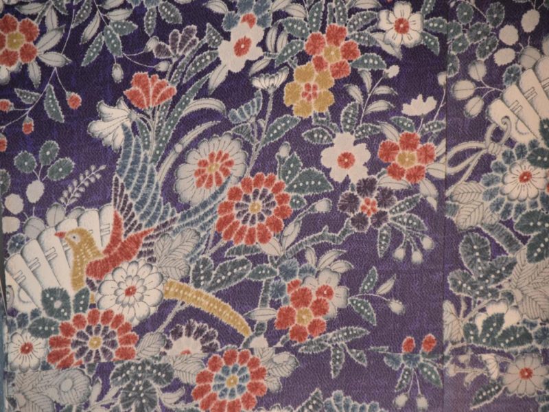 Chrysanthemum and Birds Vintage Silk Crepe Kimono - Image 2