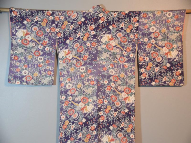 Chrysanthemum and Birds Vintage Silk Crepe Kimono - Image 6
