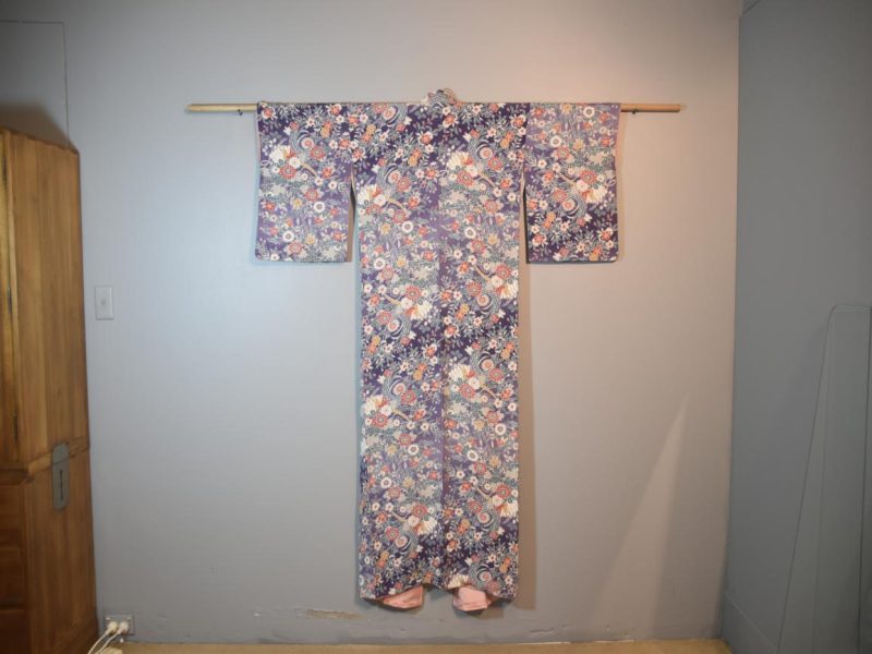 Chrysanthemum and Birds Vintage Silk Crepe Kimono