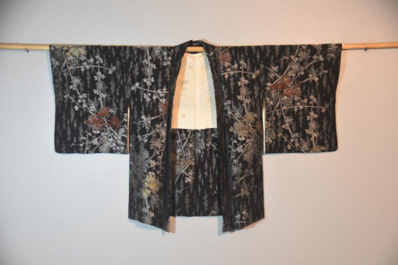 Vintage Black Silk Haori Jacket with Lacquered Threads