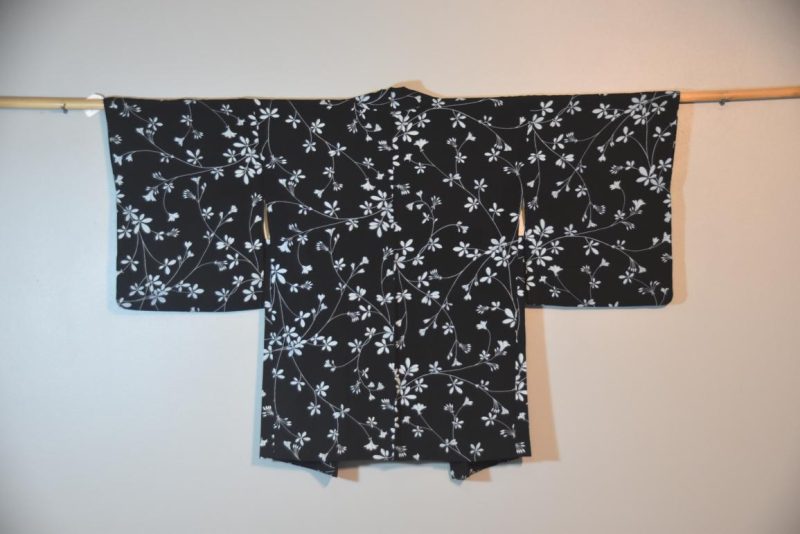 White Floral on a Black Background Silk Vintage Haori