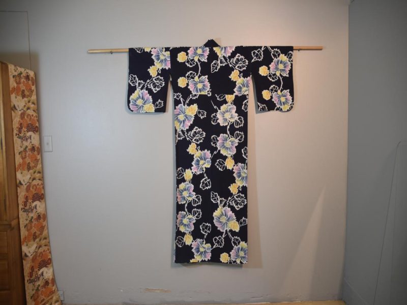 Navy with Pastel Coloured Flowers Japanese Cotton Yukata