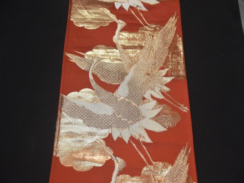 Gold Cranes Vintage Obi Sash  Length:4000mm - Image 2