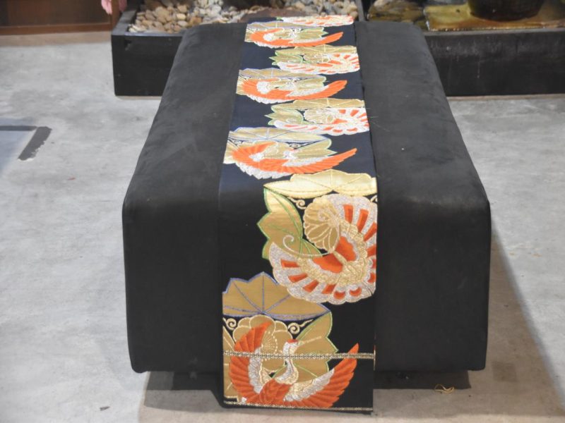 Vintage Obi Sash with Crane Design Length:4000mm