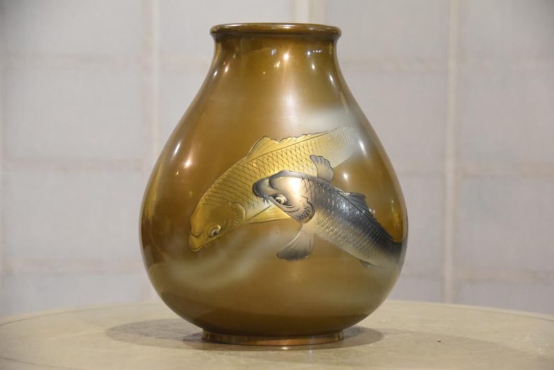 Japanese Bronze Koi Vase Width:220mm