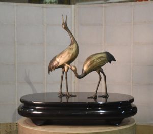 Pair of  Bronze Cranes on a Lacquer Stand Height:550mm