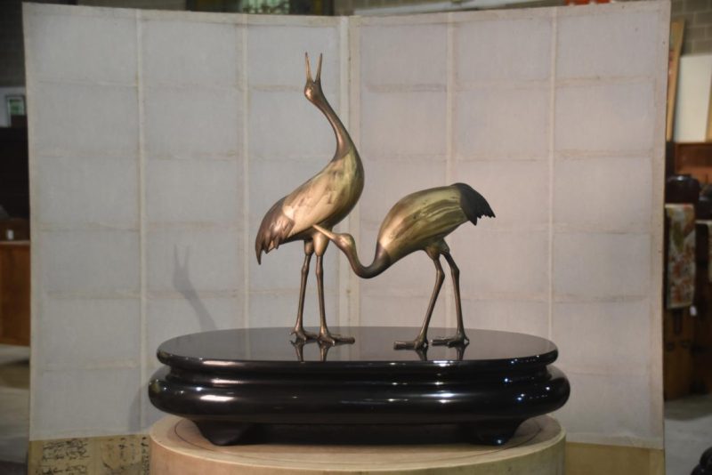 Pair of  Bronze Cranes on a Lacquer Stand Height:550mm
