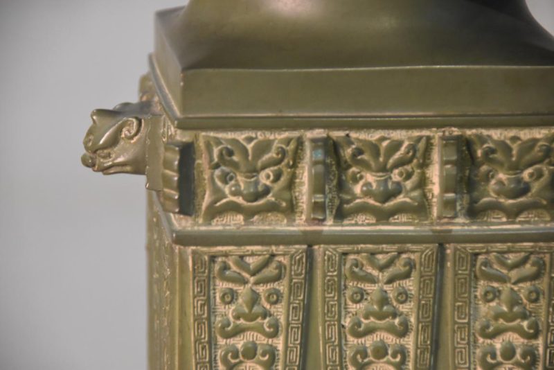 Green Patina Bronze Usubata Ikenobu Vase Width:193mm - Image 2
