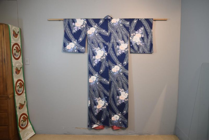 Peacock Feather and Flowers Japanese Vintage Silk Kimono