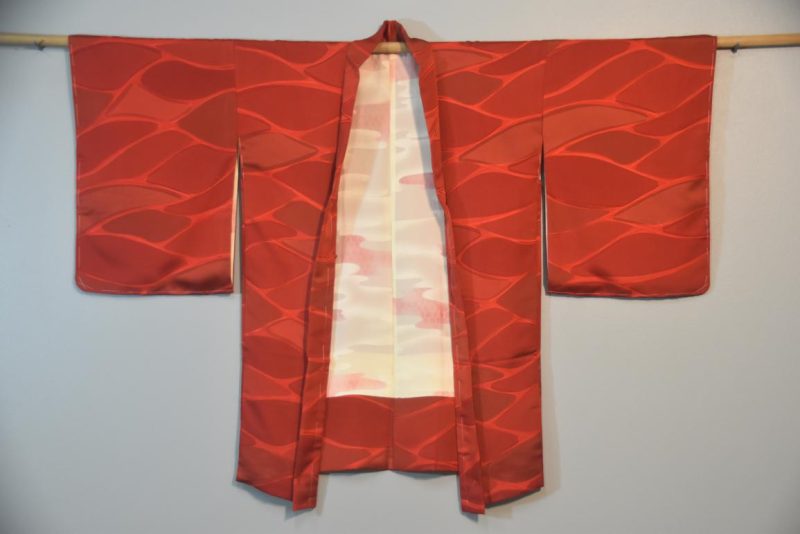 Red Jacquard Japanese Silk Haori Jacket - Image 4