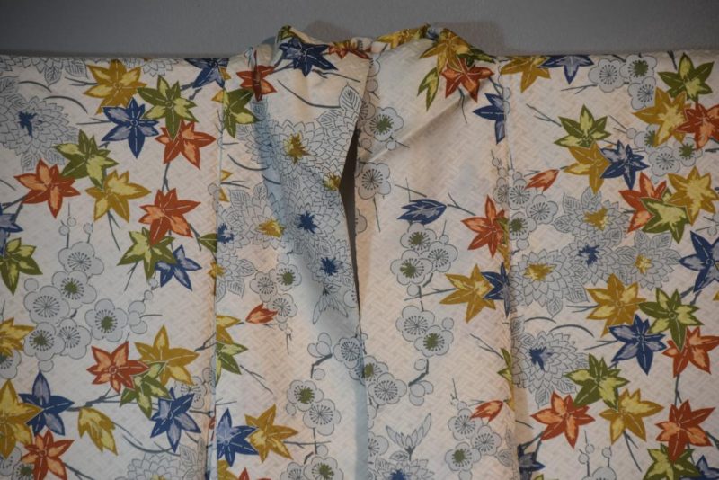 Japanese Silk Vintage Kimono Floral and Maple Leaves - Image 6