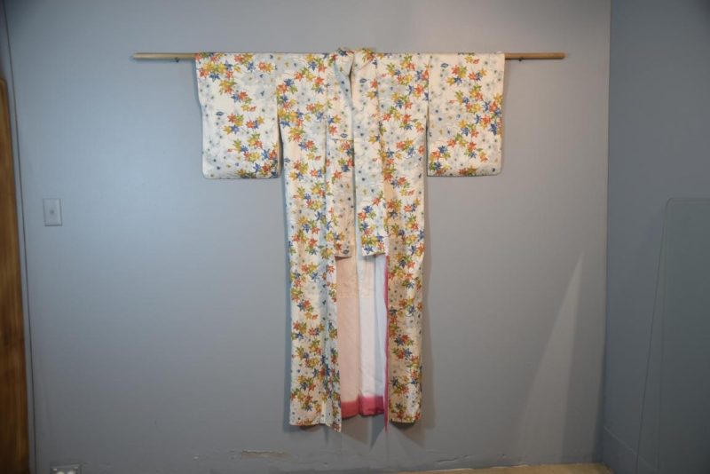 Japanese Silk Vintage Kimono Floral and Maple Leaves - Image 4