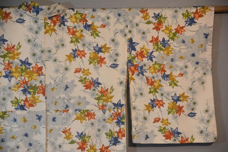 Japanese Silk Vintage Kimono Floral and Maple Leaves - Image 3
