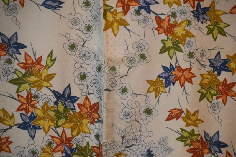 Japanese Silk Vintage Kimono Floral and Maple Leaves - Image 2