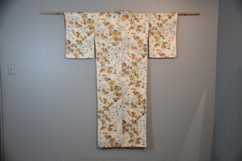 Japanese Silk Vintage Kimono Floral and Maple Leaves