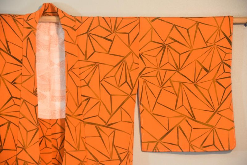 Orange Geometric Vintage Silk Haori Jacket - Image 6