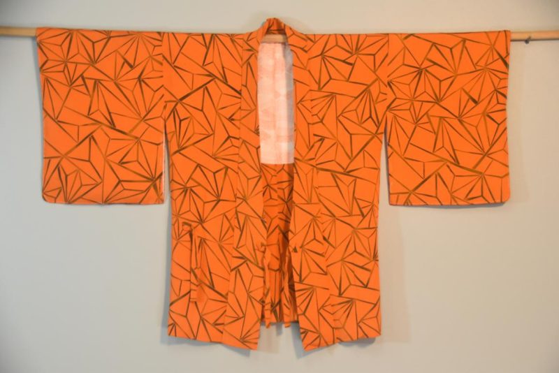 Orange Geometric Vintage Silk Haori Jacket - Image 4