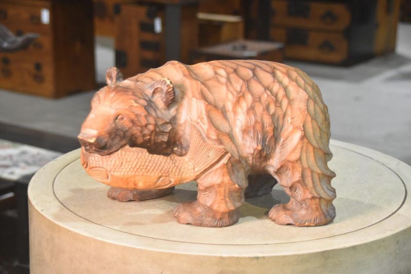 Carved Wooden Hokkaido Bear and Salmon Width:360mm