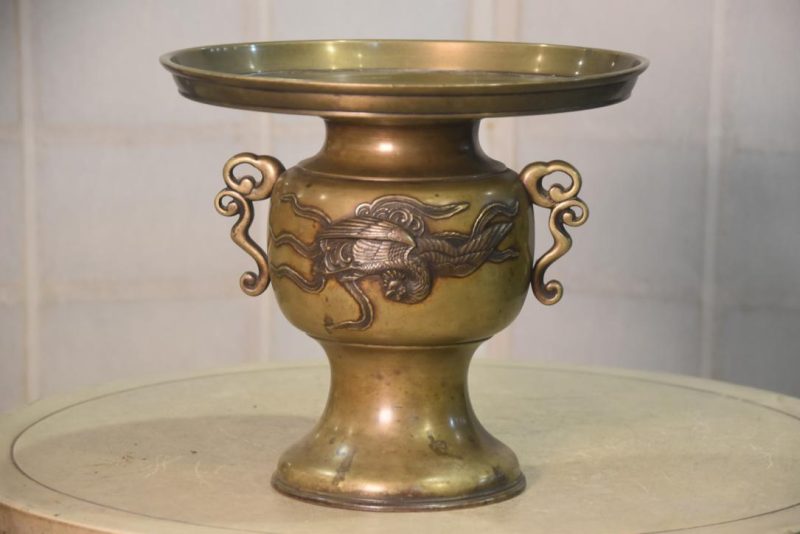 Japanese Phoenix and Dragon Bronze Usubata Vase Width:295mm