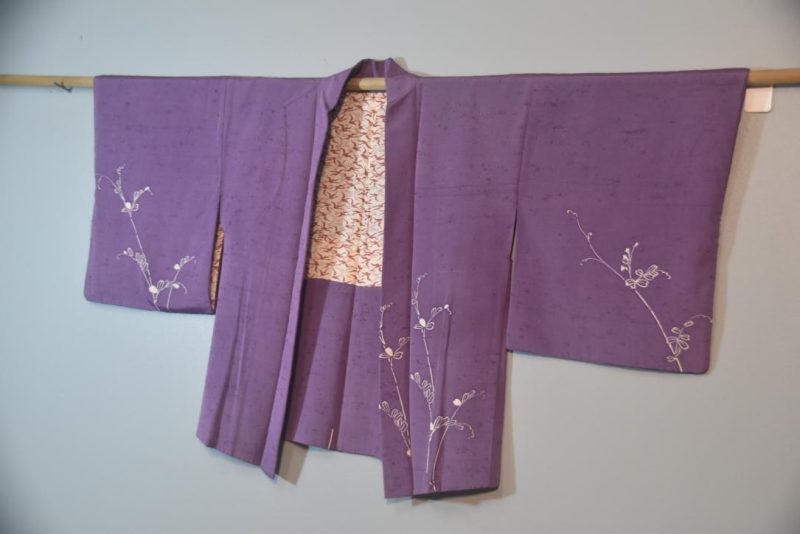 Lilac Purple Tsumugi (Slubbed Silk) Vintage Silk Haori Jacket - Image 4
