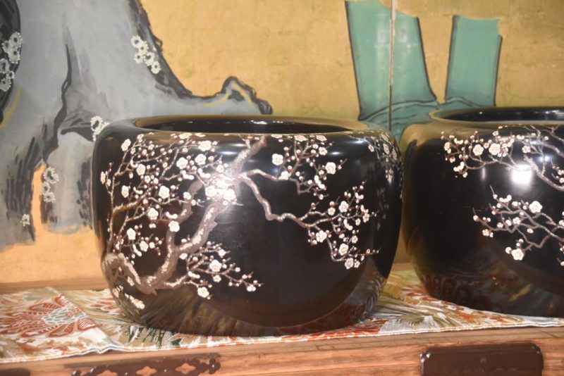 Pair of Lacquered Cherry Blossom Hibachi Width:690mm (side by side)