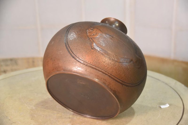 Hand Beaten Copper Vase decorated with Fish Width:220mm - Image 6