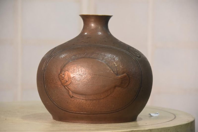 Hand Beaten Copper Vase decorated with Fish Width:220mm - Image 5