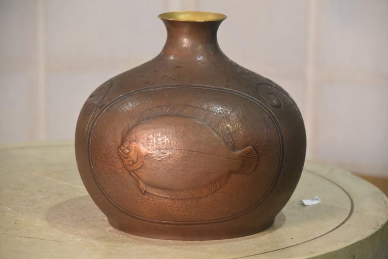 Hand Beaten Copper Vase decorated with Fish Width:220mm - Image 3
