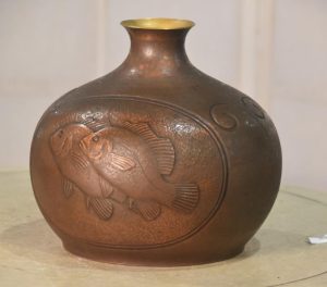 Hand Beaten Copper Vase decorated with Fish Width:220mm