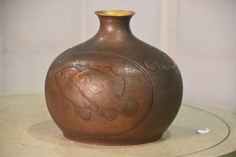 Hand Beaten Copper Vase decorated with Fish Width:220mm